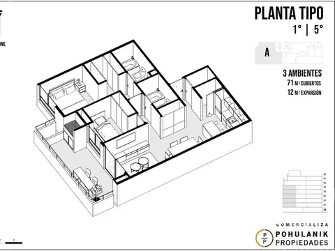 Departamento 3 ambientes con 2 baños