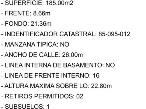 Terreno en Venta 22  mts Fondo