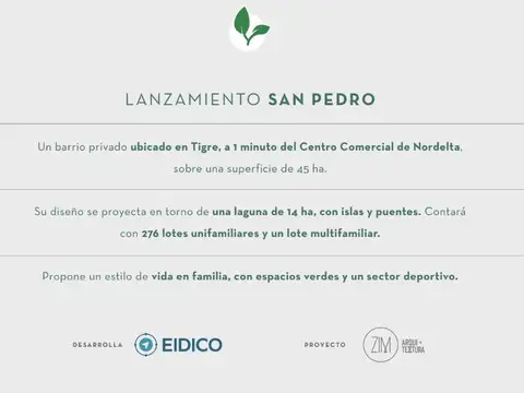 Barrio San Pedro a 1' de C. C. Nordelta. Lotes en Isla Interna