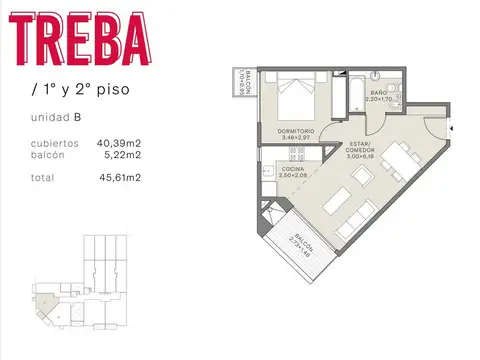 Departamento 2 ambientes con 1 baño