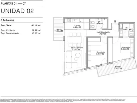 Dpto 3 amb, Piso 1° 02, c/balcón al fte, 82,66m2 total