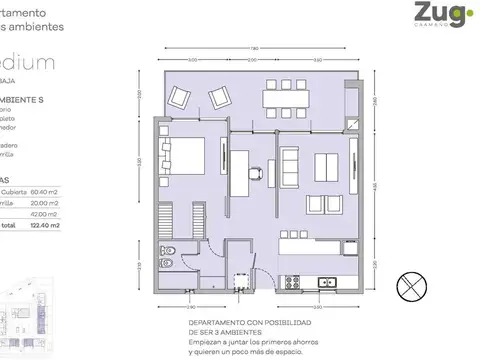 Departamento 3 ambientes con 1 baño