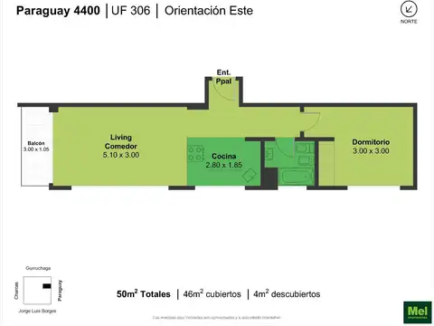 Departamento 2 ambientes con 1 baño