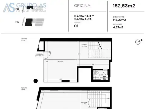 Oficina 3 ambientes con 2 baños