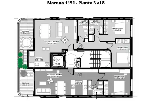 Departamento 3 ambientes con 2 baños