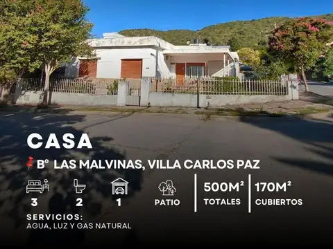 VENTA CASA 3 DOR, GAS NATURAL A MTS DEL CENTRO. B° MALVINAS, VILLA CARLOS PAZ