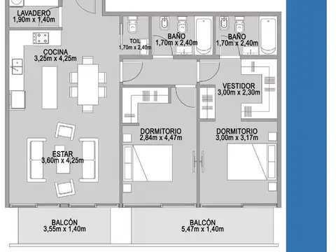 Departamento 3 ambientes con 2 baños