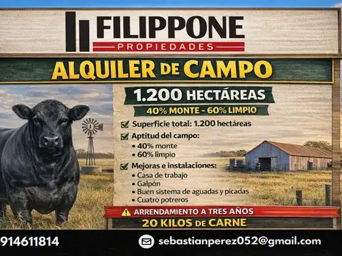 Excelente Campo de 1200ha en arrendamiento - Algarrobo