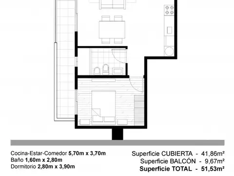 Departamento 2 ambientes con 1 baño