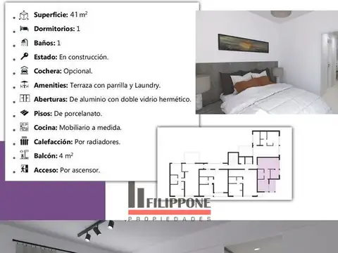 Departamento 2 ambientes con 1 baño