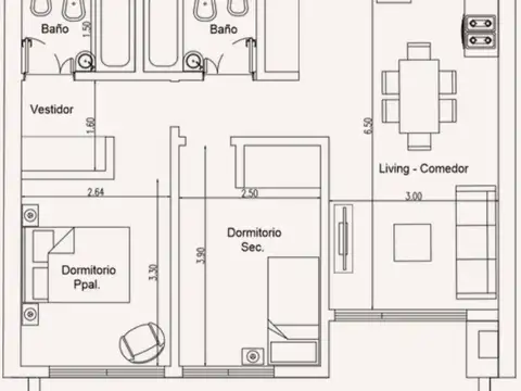 Departamento 3 ambientes con 2 baños