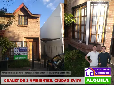 HERMOSO CHALET  DE 3 AMBIENTES EN ALQUILER CON COCHERA Y FONDO LIBRE EN CIUDAD EVITA.