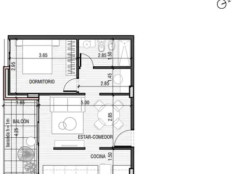 Departamento 2 ambientes con 1 baño