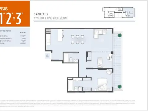 Departamento 3 ambientes con 2 baños