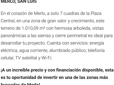 OPORTUNIDAD LOTE CENTRO MERLO SAN LUIS DUEÑO VENDE