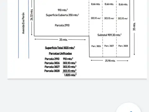 PROPIEDAD SOBRE AV.EVA PERON N°4016 UNICA FRACCION DE 1820MTS