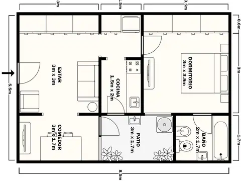 Depto Tipo Casa 2 ambientes con 1 baño