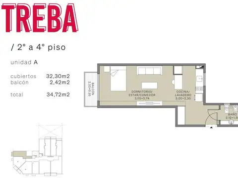 Departamento Monoambiente con 1 baño