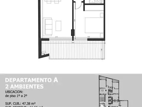 Departamento 2 ambientes con 1 baño