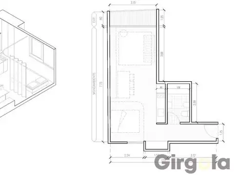 Departamento Monoambiente con 1 baño