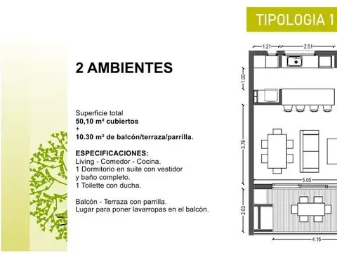 Departamento 2 ambientes con 1 baño