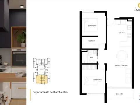 Departamento 3 ambientes con 1 baño
