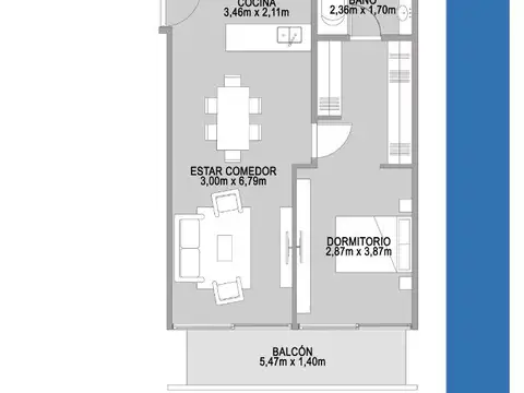 Departamento 2 ambientes con 2 baños