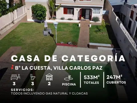 VENTA CASA MODERNA DE CATEGORÍA 3 DOR, PISCINA, TODOS LOS SERVICIOS. B° LA CUESTA - VILLA CARLOS PAZ