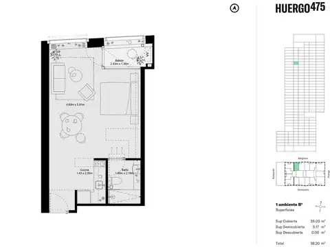 Departamento Monoambiente con 1 baño
