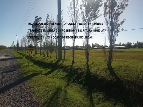 Terrenos en Costa ribera Timbues. Posesion y escritura inmediata, desde u$s 13.600  Incluye Escritura