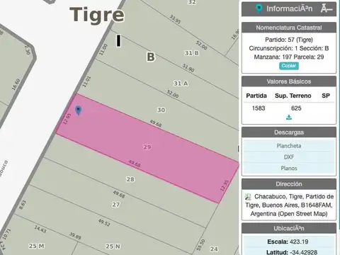 Terreno en Venta, 625m2, en Tigre Centro, GBA Norte