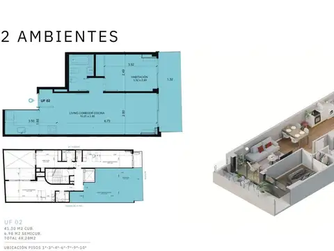 Departamento 2 ambientes con 1 baño