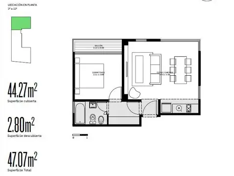 Departamento 2 ambientes con 1 baño