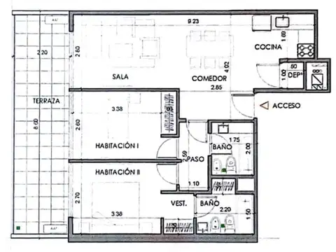 Departamento 3 ambientes con 2 baños