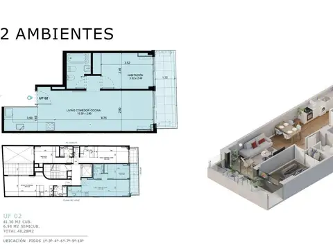 Departamento 2 ambientes con 1 baño