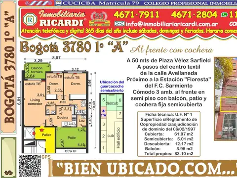 BIEN ... 3 amb. balcon-tza  al frente + coch