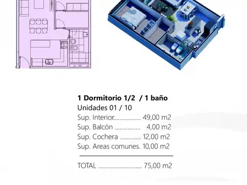 Departamento 2 ambientes con 1 baño