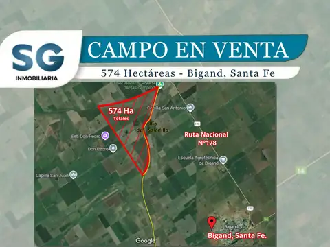 Campo en VENTA, 574 has laborables, Bigand, Pcia de Santa Fe