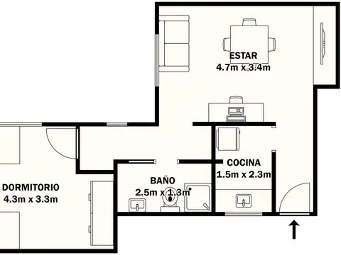 Depto Tipo Casa 2 ambientes con 1 baño