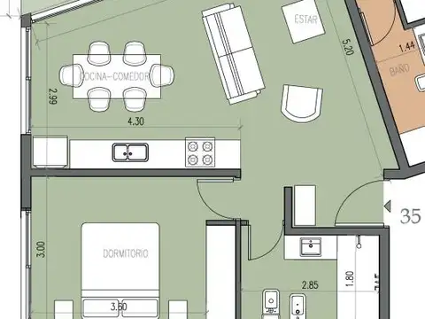 Departamento 2 ambientes con 1 baño