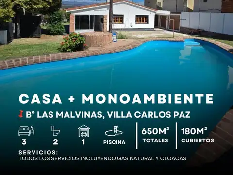 Venta De Casa 3 Dormitorios   Monoambiente C/Pileta. B° Las Malvinas, Villa Carlos Paz