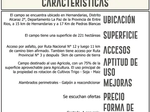 Campo en Venta de 221  ha