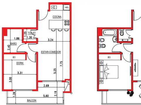 Departamento 2 ambientes con 2 baños
