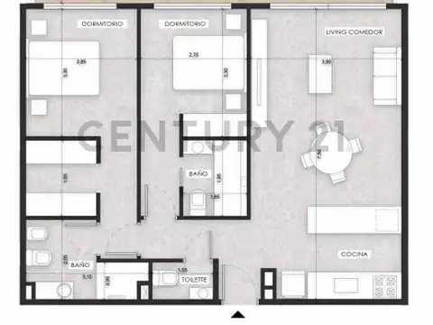 Departamento 3 ambientes con 2 baños