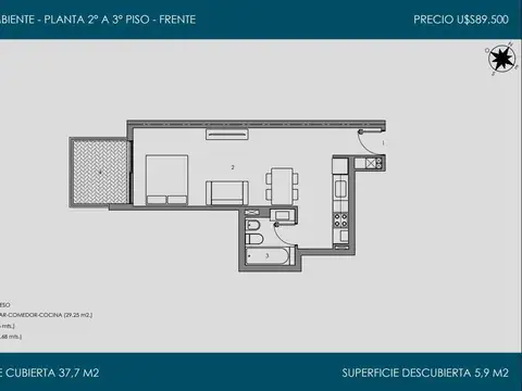 Departamento 3 ambientes con 1 baño