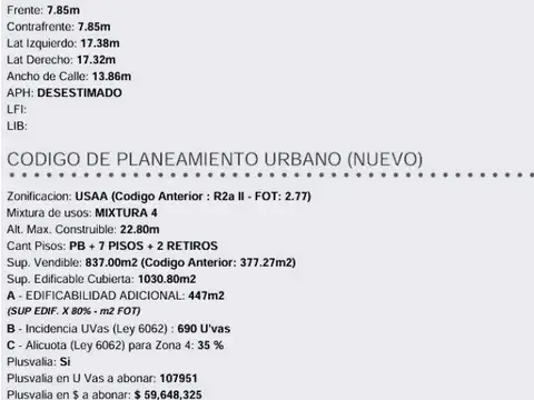 Terreno en Venta 7  mts Frente