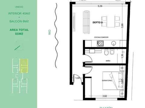 Departamento 2 ambientes con 1 baño