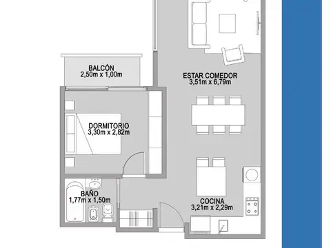 Departamento 2 ambientes con 1 baño