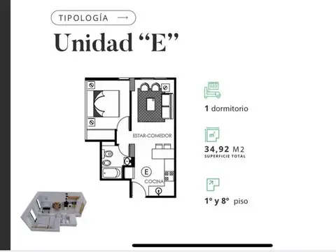 Departamento 2 ambientes con 1 baño