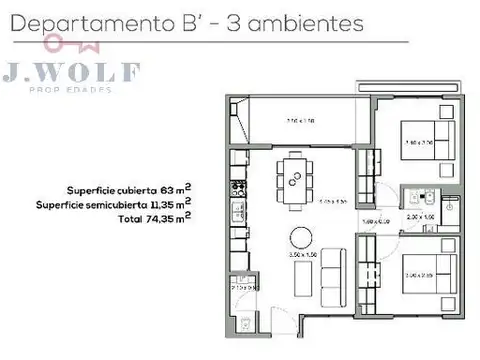 Departamento 3 ambientes con 1 baño